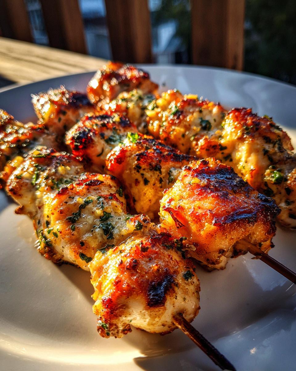 Delicious Chicken Skewers with Garlic and Parmesan, grilled to perfection and served on a white plate.