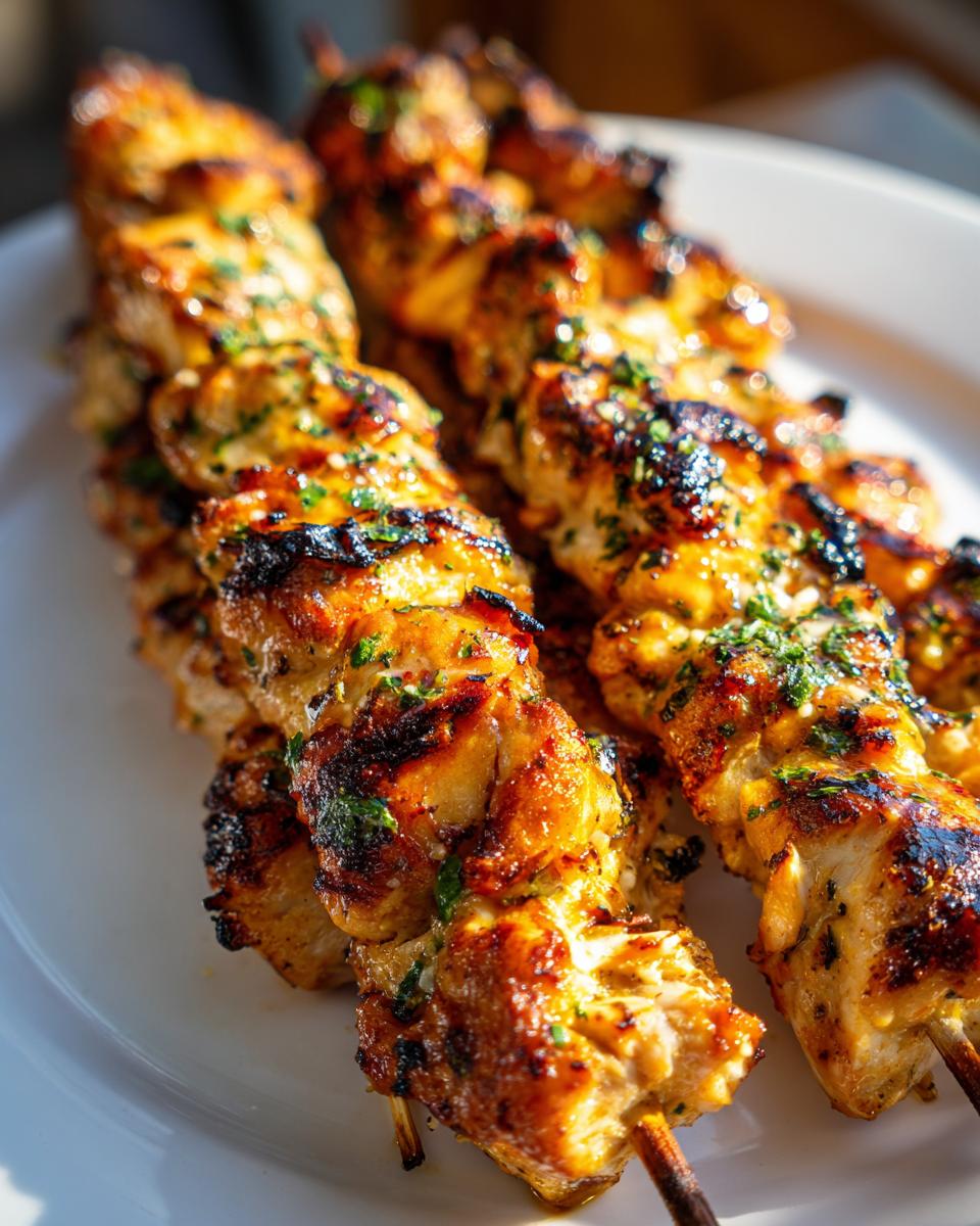 Close-up of delicious grilled Chicken Skewers with Garlic and Parmesan, garnished with fresh herbs.