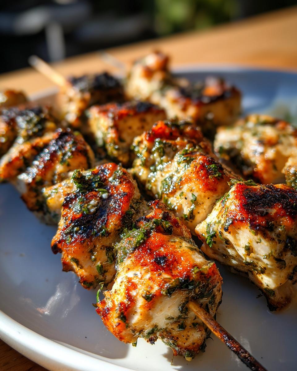 Close-up of grilled Chicken Skewers with Garlic and Parmesan on a white plate, showing herbs and golden-brown color.
