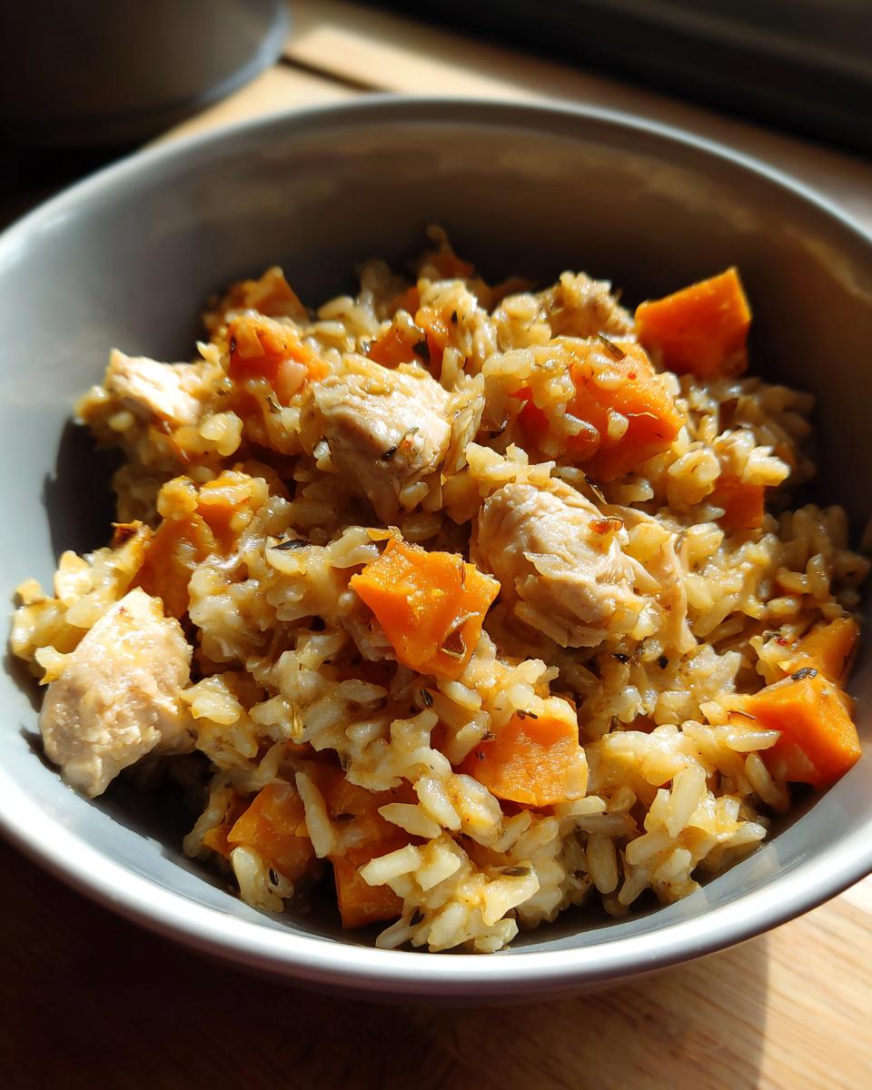 A bowl of Chicken & Sweet Potato Rice, featuring tender chicken pieces and vibrant sweet potato chunks mixed with rice.