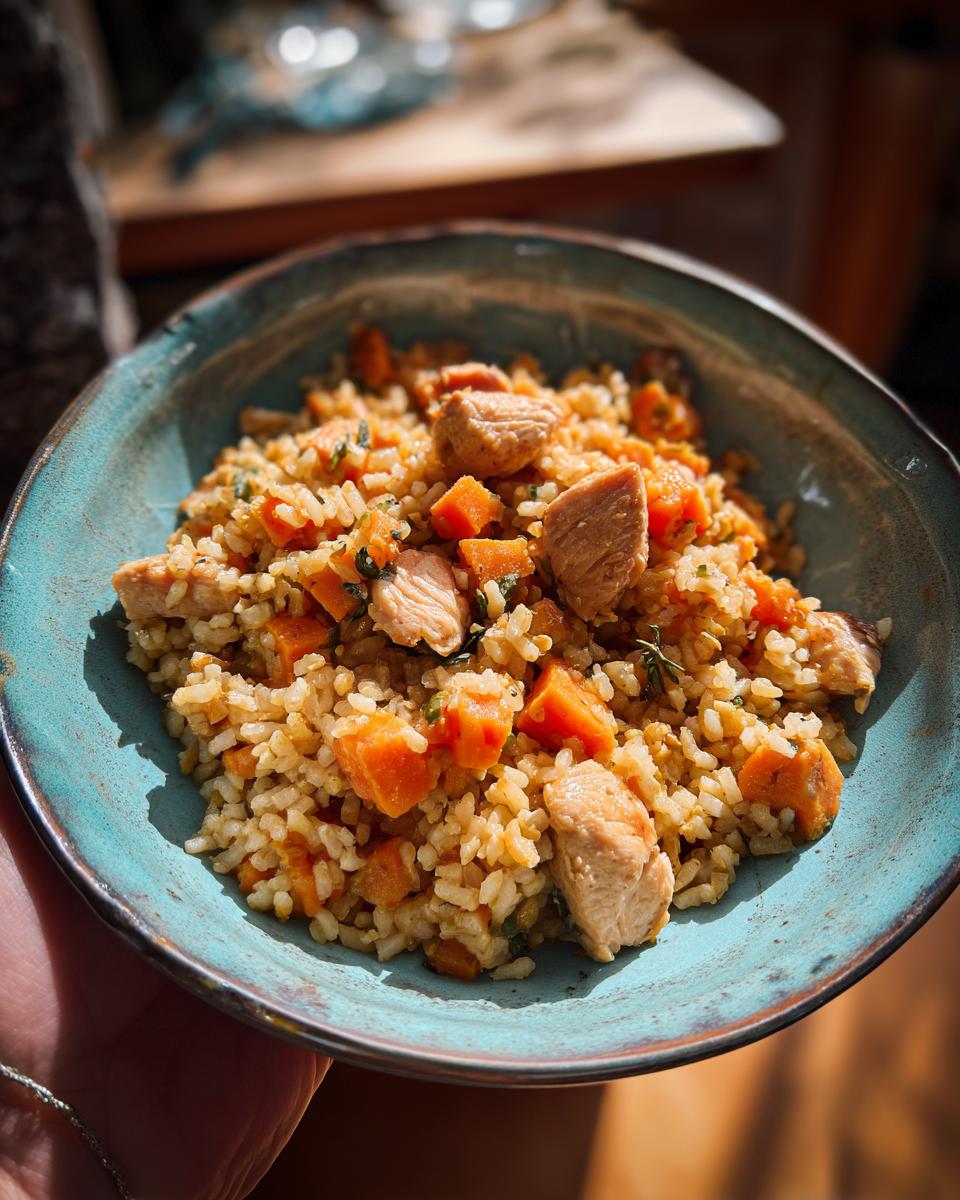 A vibrant bowl of Chicken & Sweet Potato Rice, featuring tender chicken and sweet potato cubes mixed with rice.