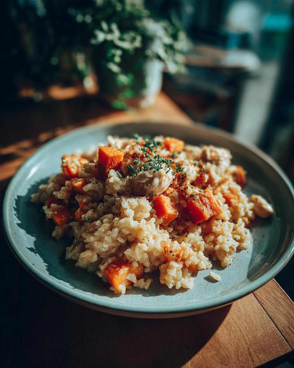 A plate of Chicken & Sweet Potato Rice, garnished with herbs, sits on a wooden surface.