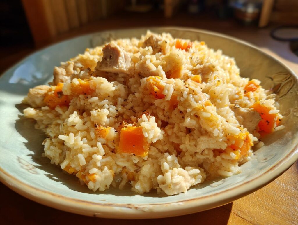 A serving of Chicken & Sweet Potato Rice on a green plate, showcasing the chicken, rice, and sweet potato.