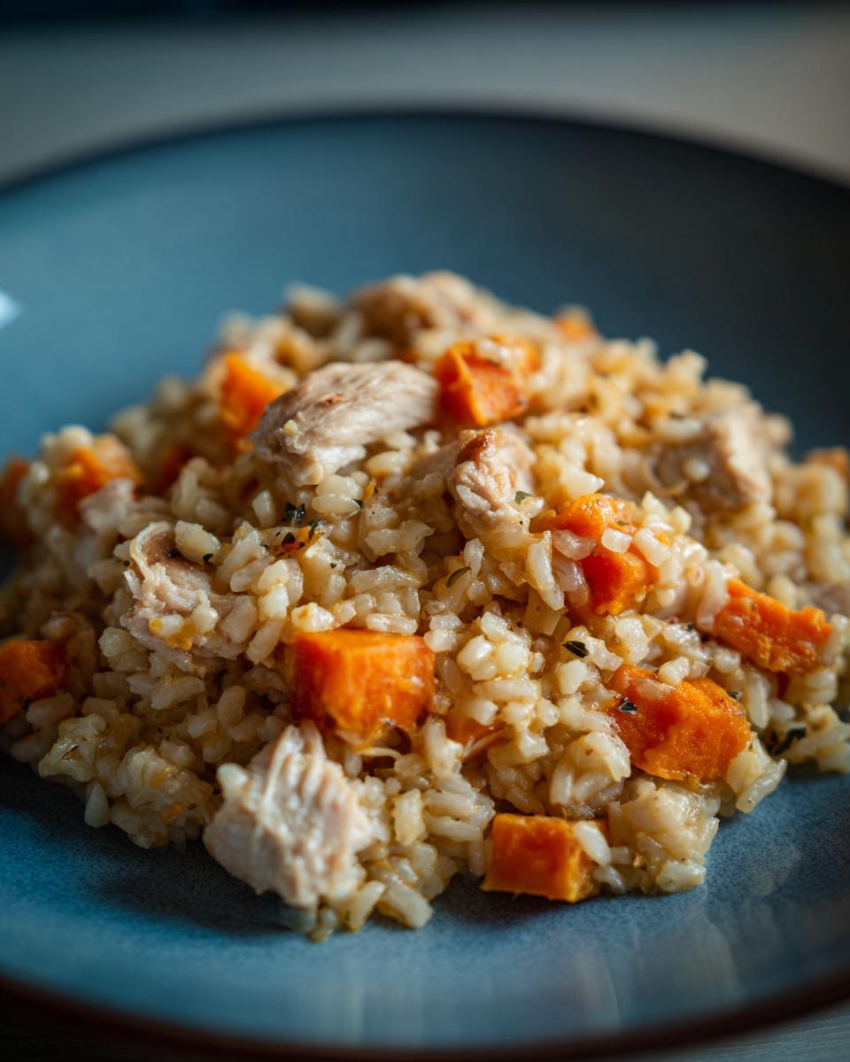 A serving of Chicken & Sweet Potato Rice on a blue plate, featuring tender chicken and vibrant sweet potato cubes.