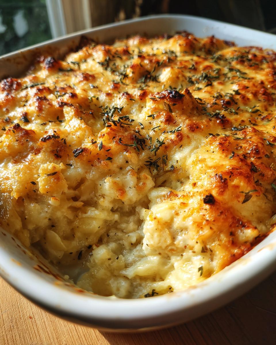 Close-up of a freshly baked Chicken Wild Rice Casserole in a white baking dish, topped with cheese and herbs.