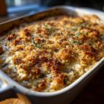Golden brown Chicken Wild Rice Casserole in a baking dish, topped with herbs.