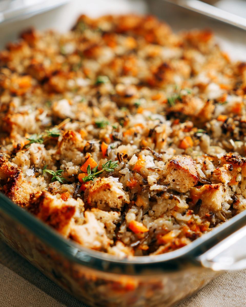 Close-up of a Chicken Wild Rice Casserole in a glass baking dish, topped with herbs.