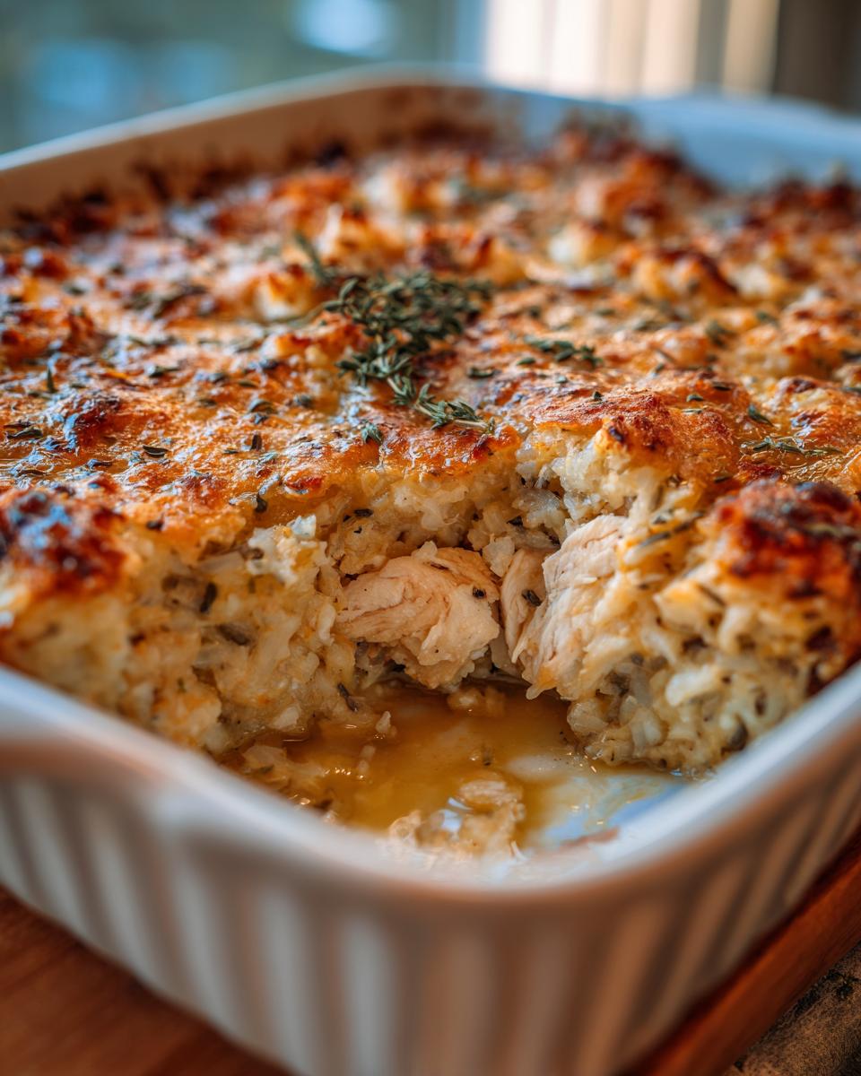 Close-up of a Chicken Wild Rice Casserole in a white baking dish, showing the chicken and rice filling.