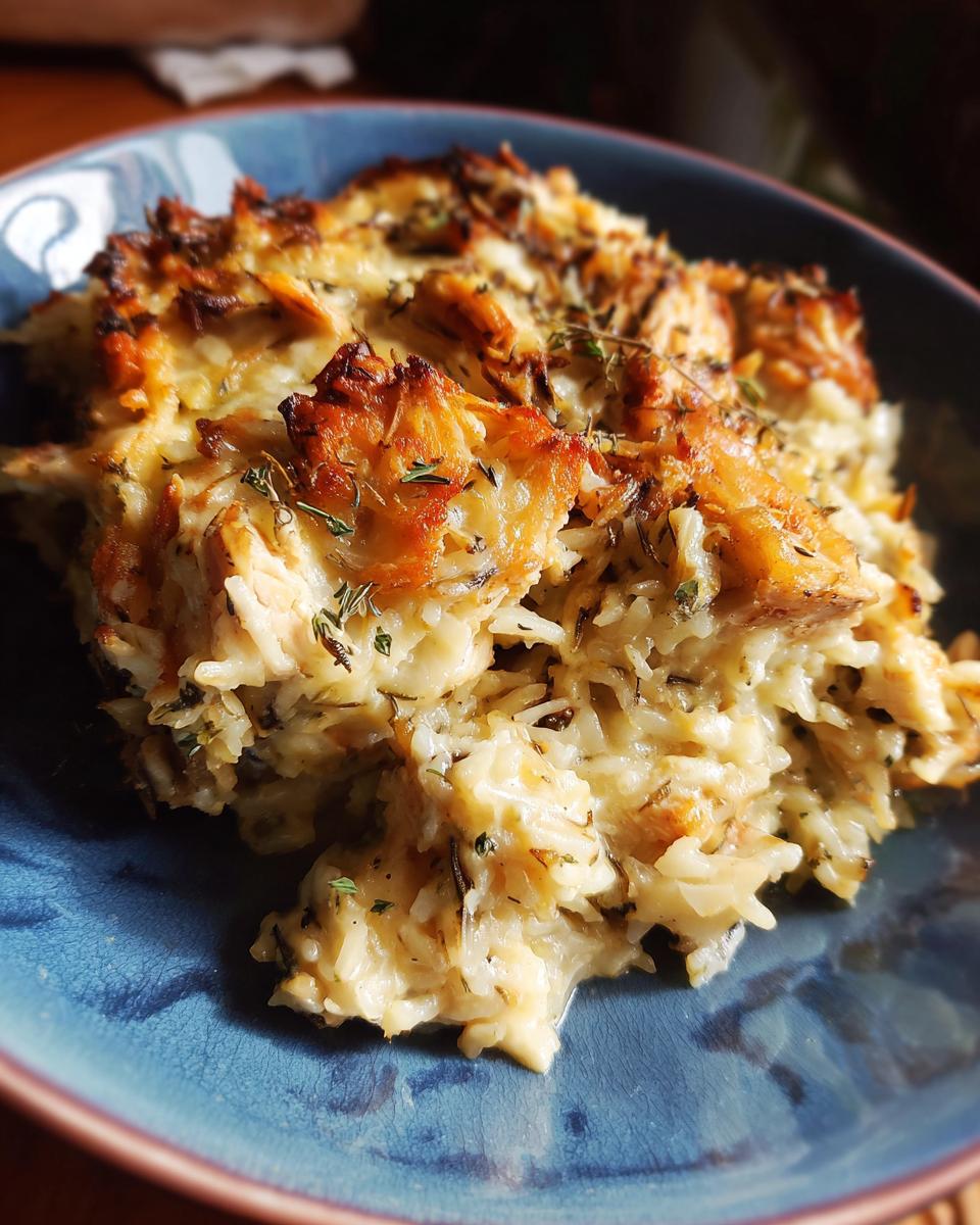 Close-up of a serving of Chicken Wild Rice Casserole on a blue plate, garnished with herbs.