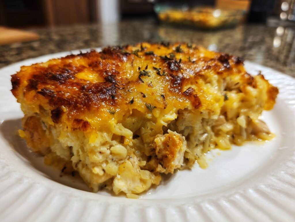 A slice of homemade Chicken Wild Rice Casserole on a white plate, golden brown and topped with herbs.