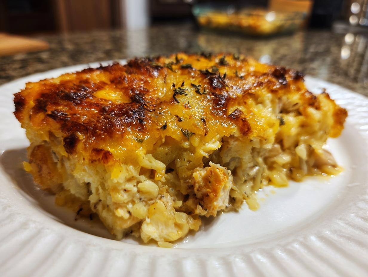 A slice of homemade Chicken Wild Rice Casserole on a white plate, golden brown and topped with herbs.