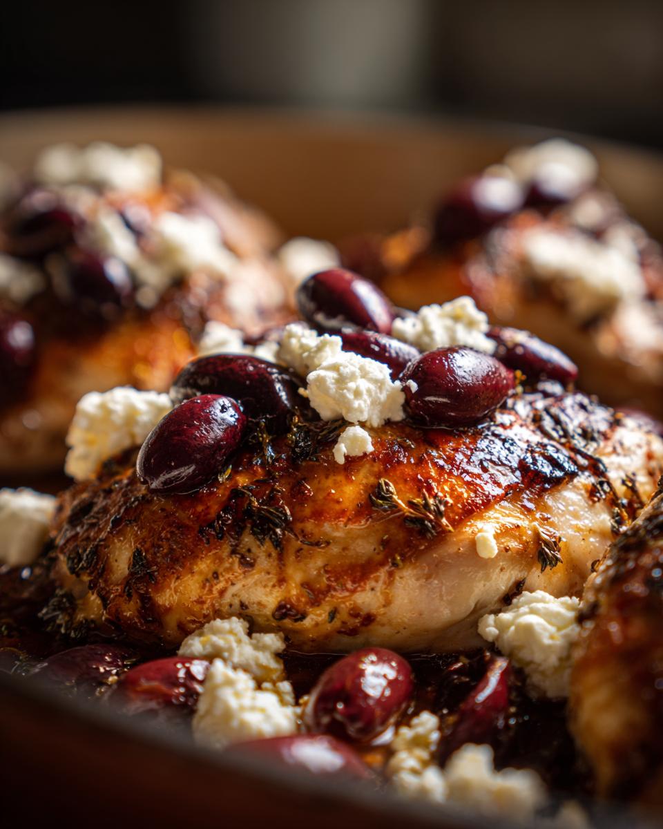 Close-up of baked Chicken with Olives and Feta, showcasing the juicy chicken and toppings.