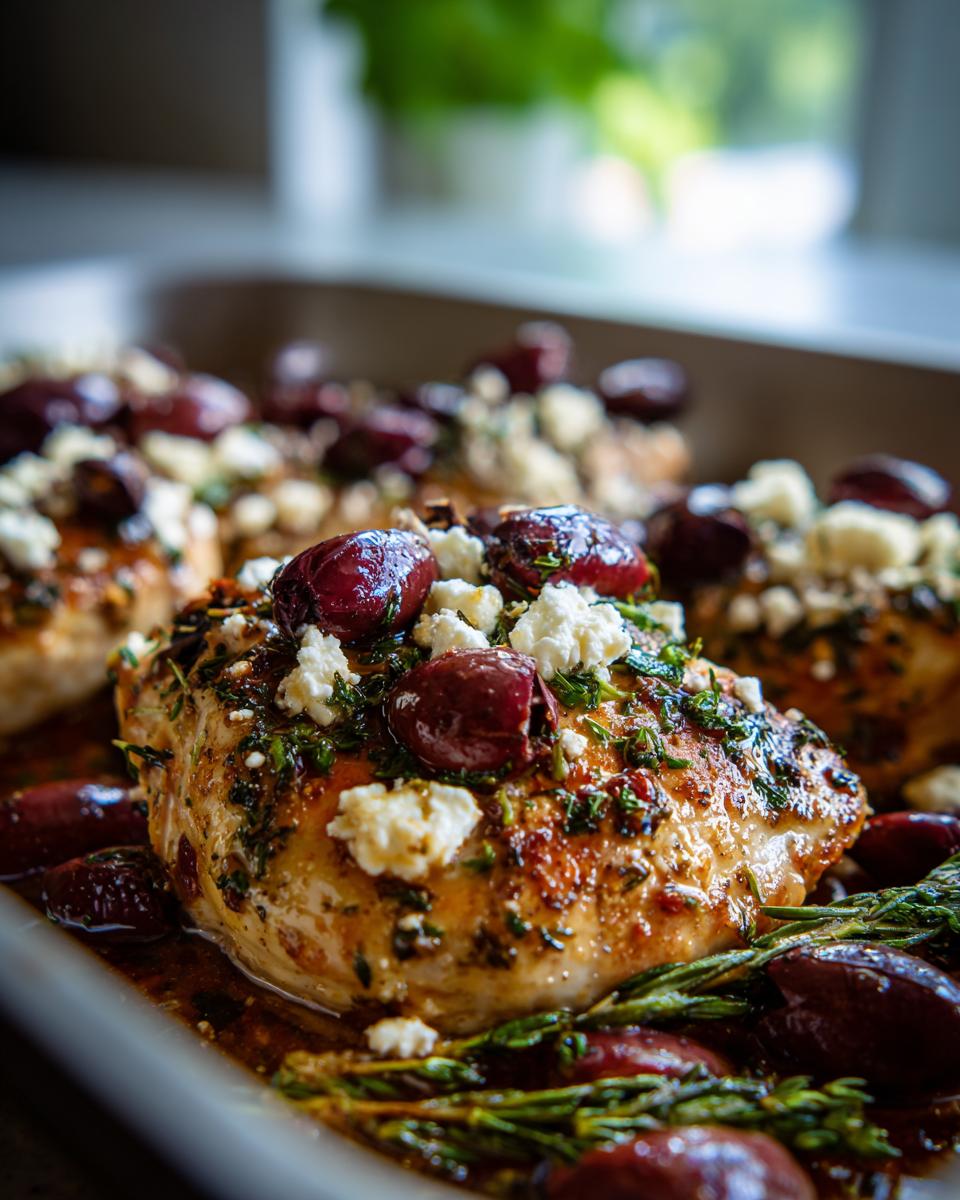 Close-up of baked Chicken with Olives and Feta, garnished with herbs and served in a baking dish.