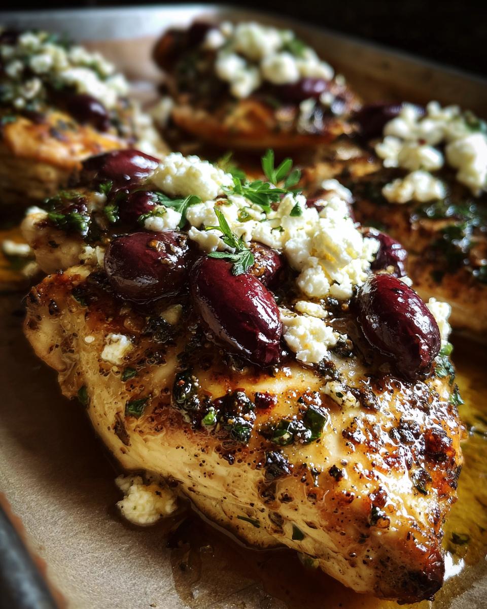 Close-up of baked Chicken with Olives and Feta, garnished with fresh herbs on a baking sheet.