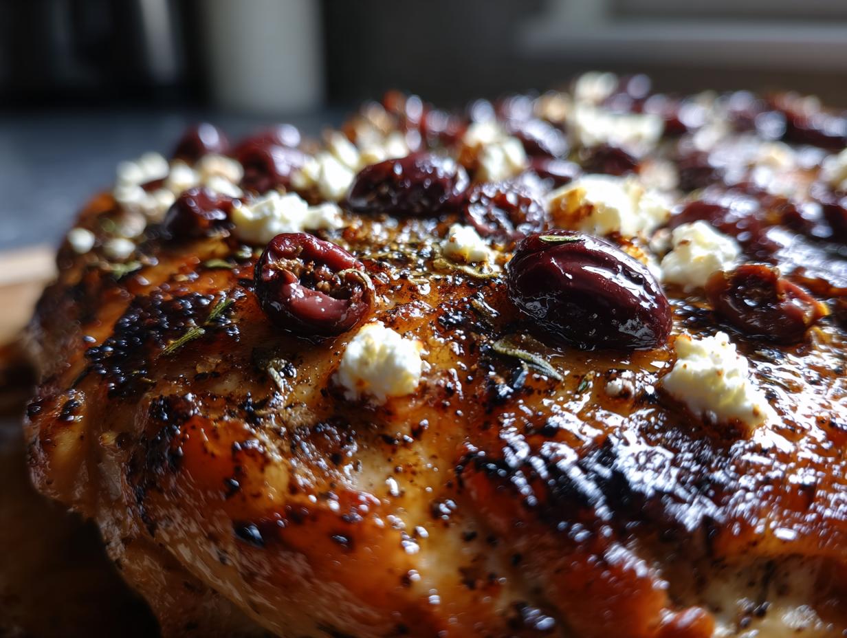 Close-up of Chicken with Olives and Feta, showing the juicy chicken, olives, and feta cheese.