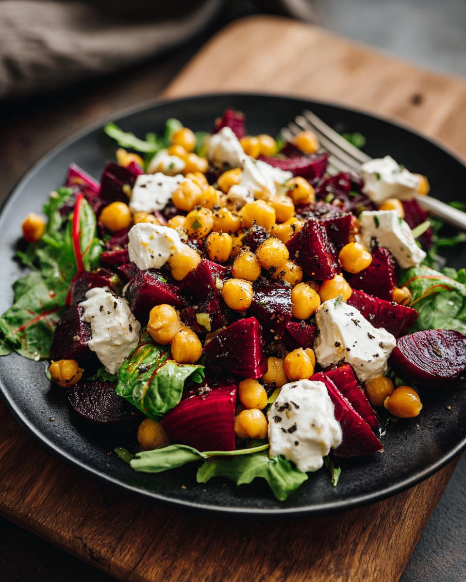 A vibrant Chickpea Beet Feta Salad with Lemon-Garlic dressing on a black plate with a fork.