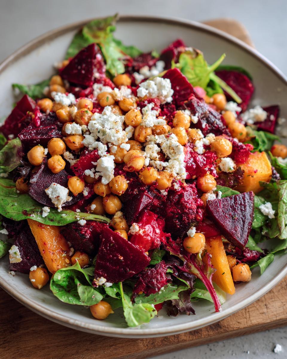 A vibrant Chickpea Beet Feta Salad with Lemon-Garlic dressing, featuring beets, chickpeas, and feta cheese.