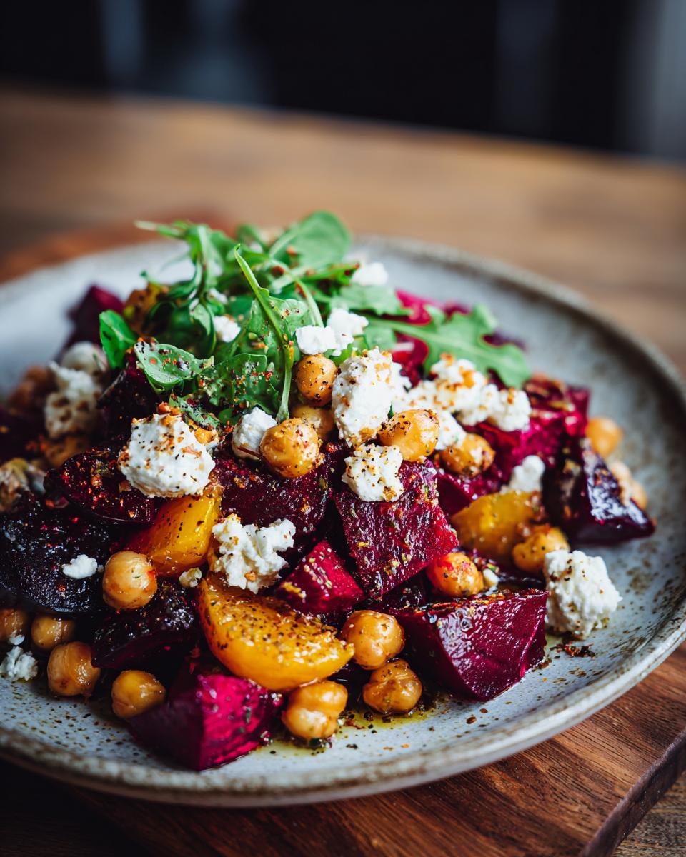 A vibrant Chickpea Beet Feta Salad with Lemon-Garlic dressing, featuring beets, chickpeas, feta, and arugula.