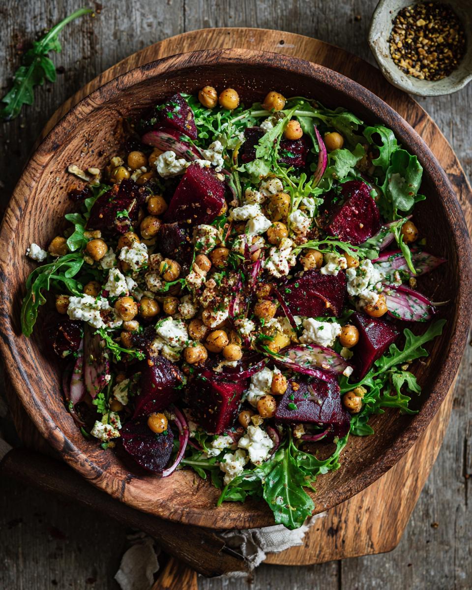 Overhead view of a Chickpea Beet Feta Salad with Lemon-Garlic dressing in a wooden bowl.