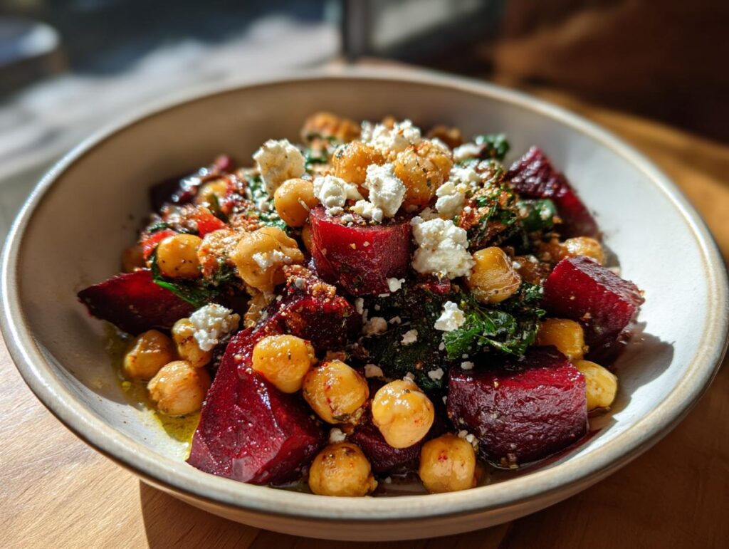 A vibrant Chickpea, Beet and Feta Salad in a white bowl, featuring chickpeas, beets, and crumbled feta cheese.