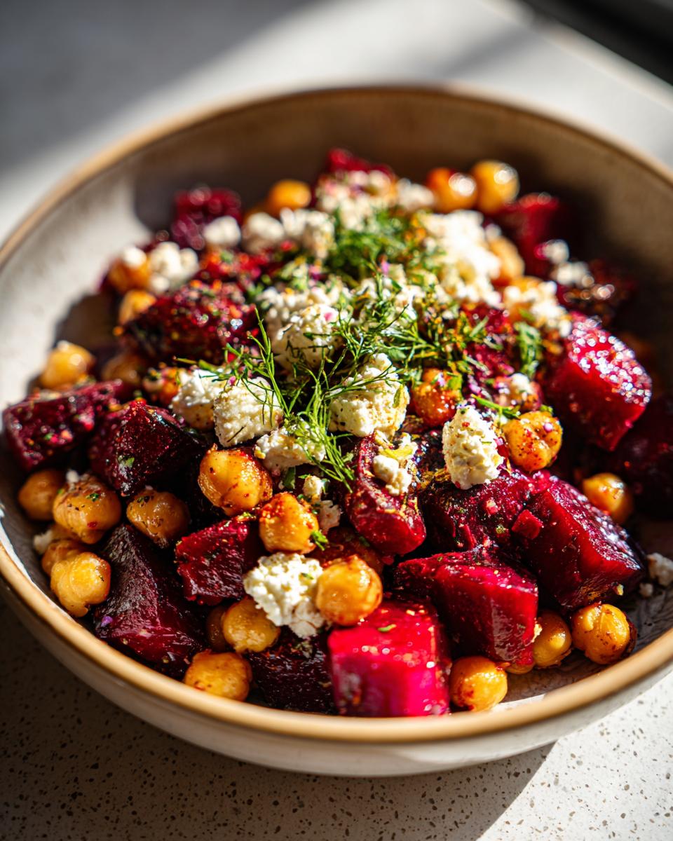 A vibrant bowl of Chickpea, Beet and Feta Salad, featuring roasted beets, chickpeas, feta crumbles, and fresh herbs.