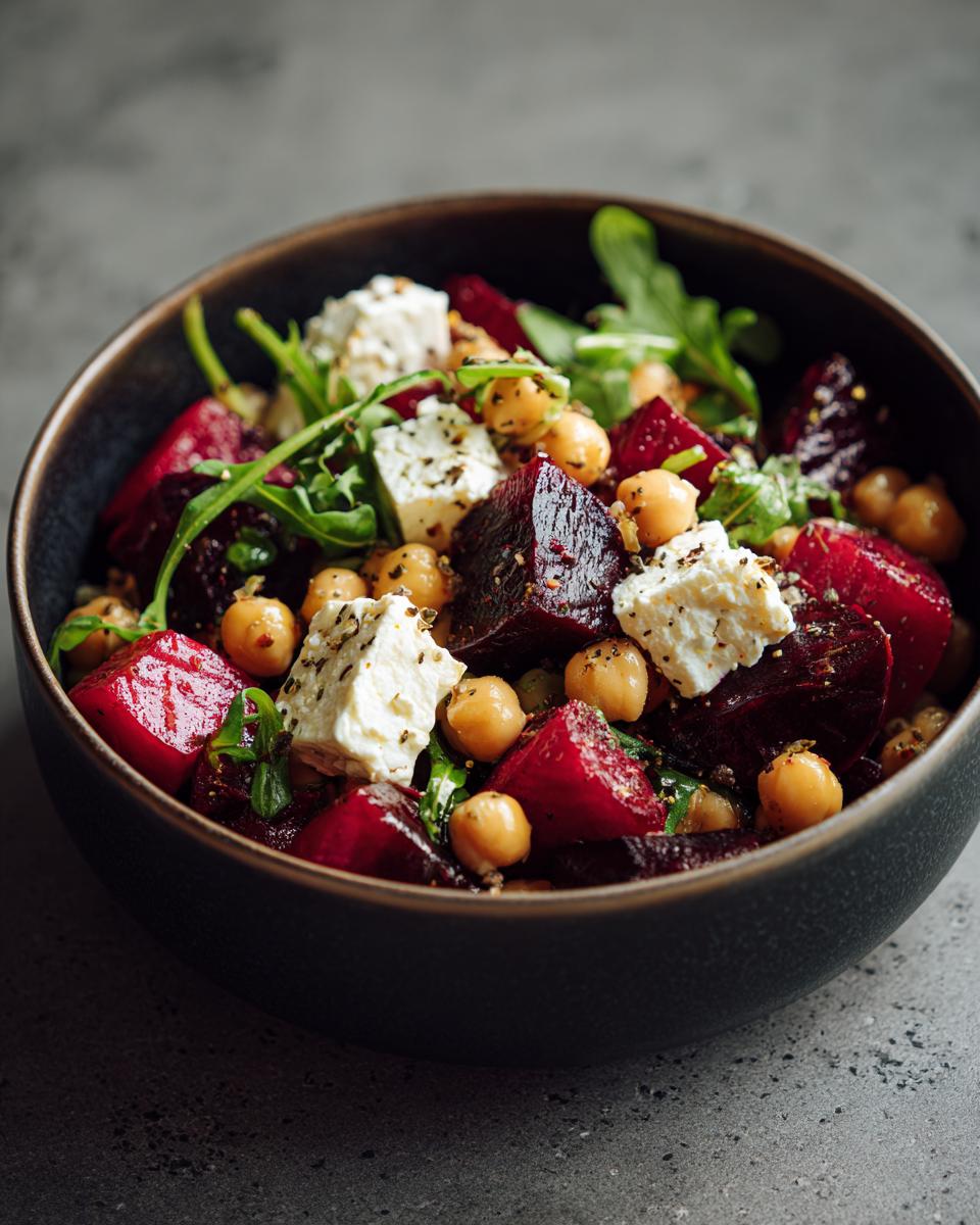 A vibrant Chickpea, Beet and Feta Salad in a dark bowl, featuring fresh arugula.