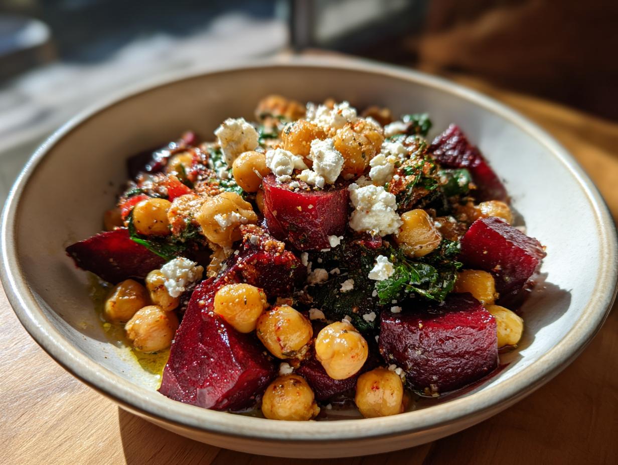 A vibrant Chickpea, Beet and Feta Salad in a white bowl, featuring chickpeas, beets, and crumbled feta cheese.