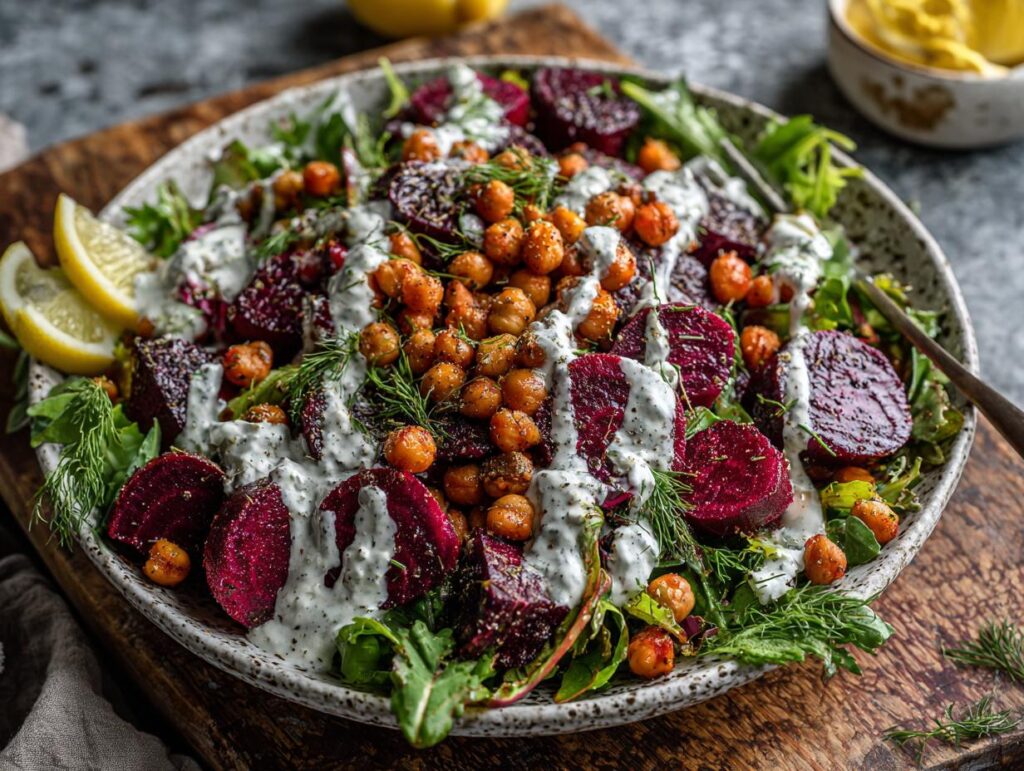A vibrant Chickpea Beet Feta Salad with Lemon-Garlic dressing, featuring roasted beets and chickpeas.