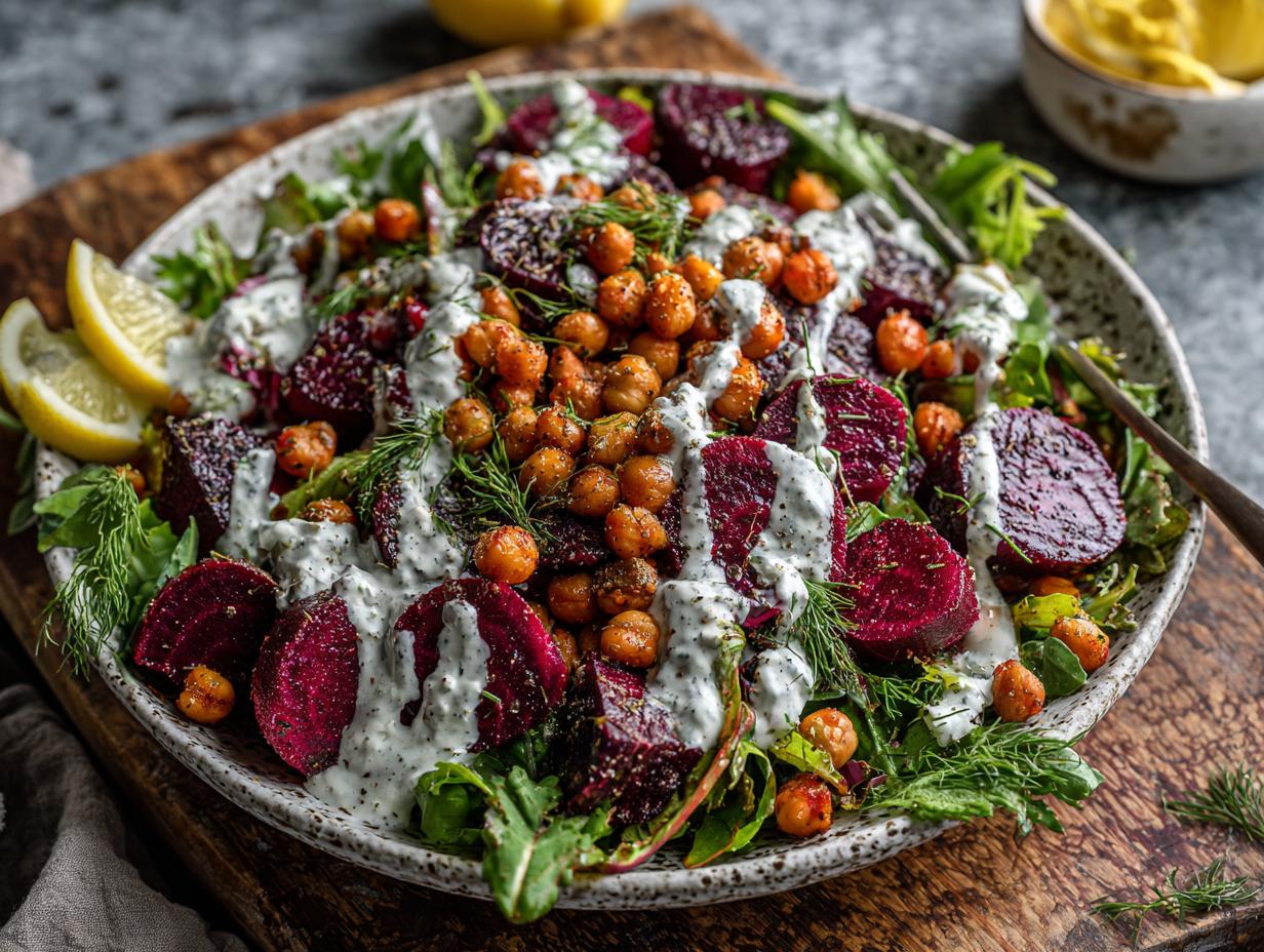 A vibrant Chickpea Beet Feta Salad with Lemon-Garlic dressing, featuring roasted beets and chickpeas.