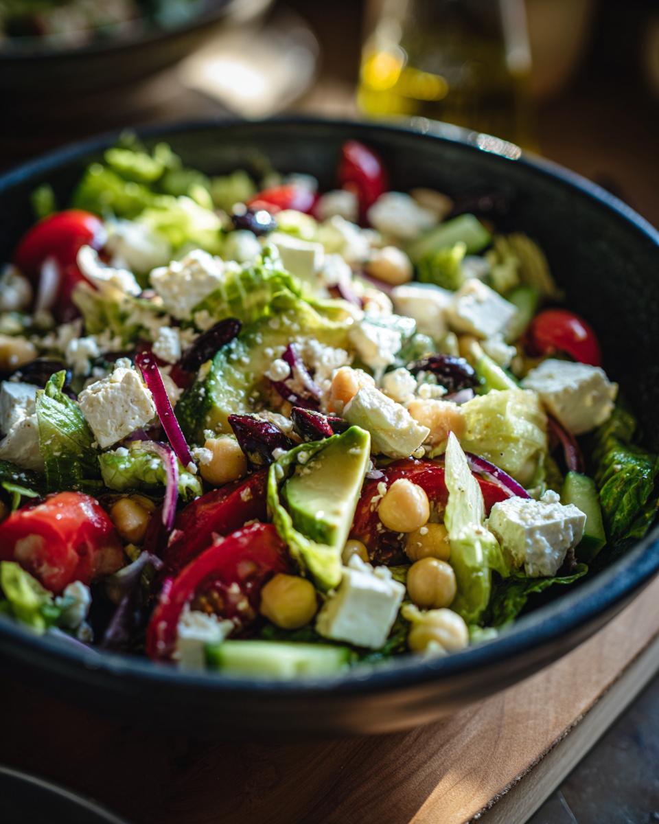 A vibrant bowl of Chickpea Feta Avocado Salad with fresh vegetables and herbs.
