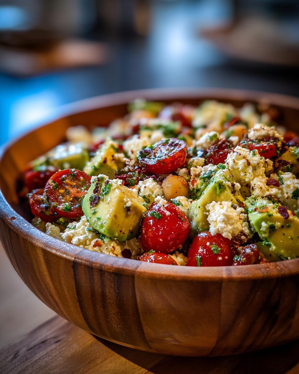 Close-up of Chickpea Feta Avocado Salad in a wooden bowl, featuring tomatoes and herbs.