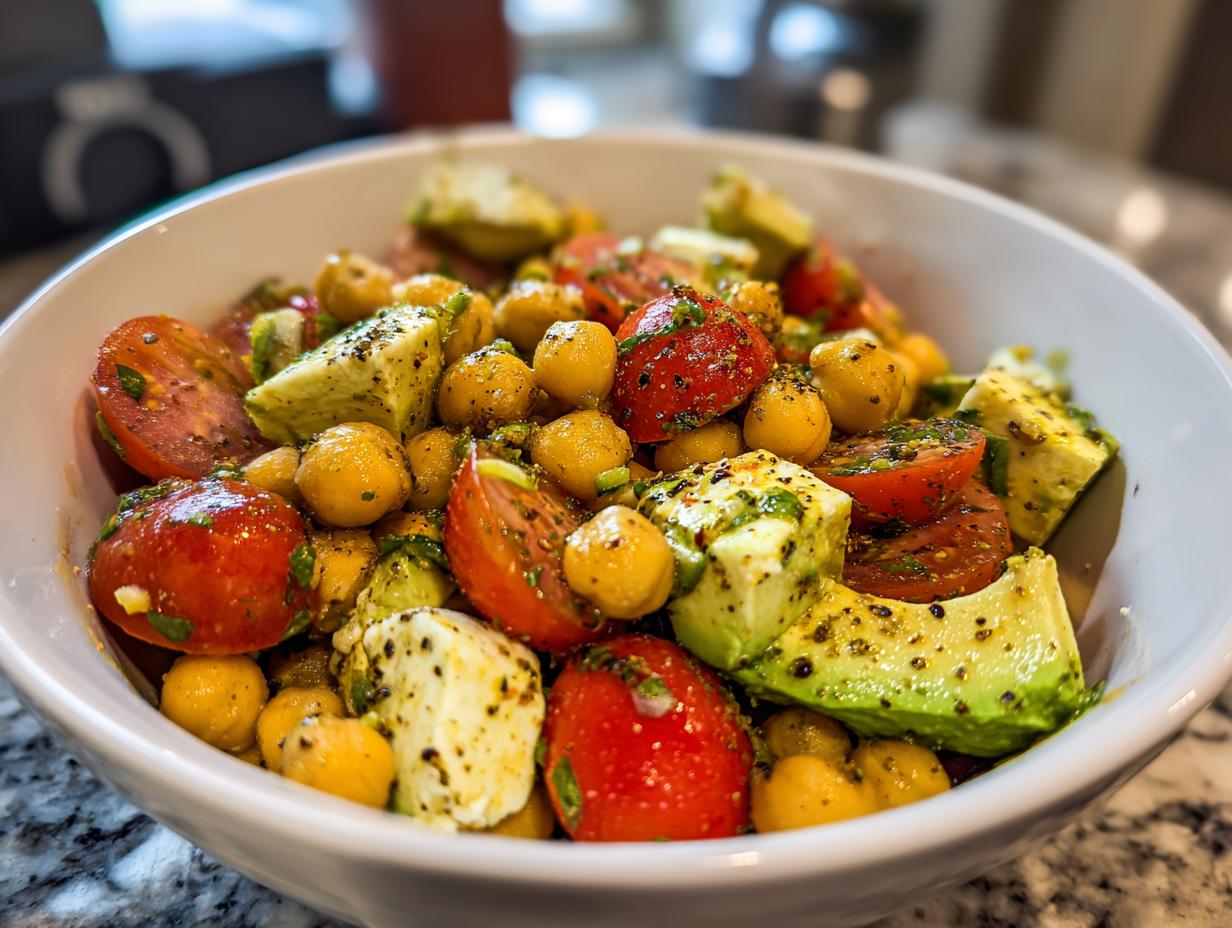 Close-up of a vibrant Chickpea Feta Avocado Salad in a white bowl, featuring tomatoes and herbs.
