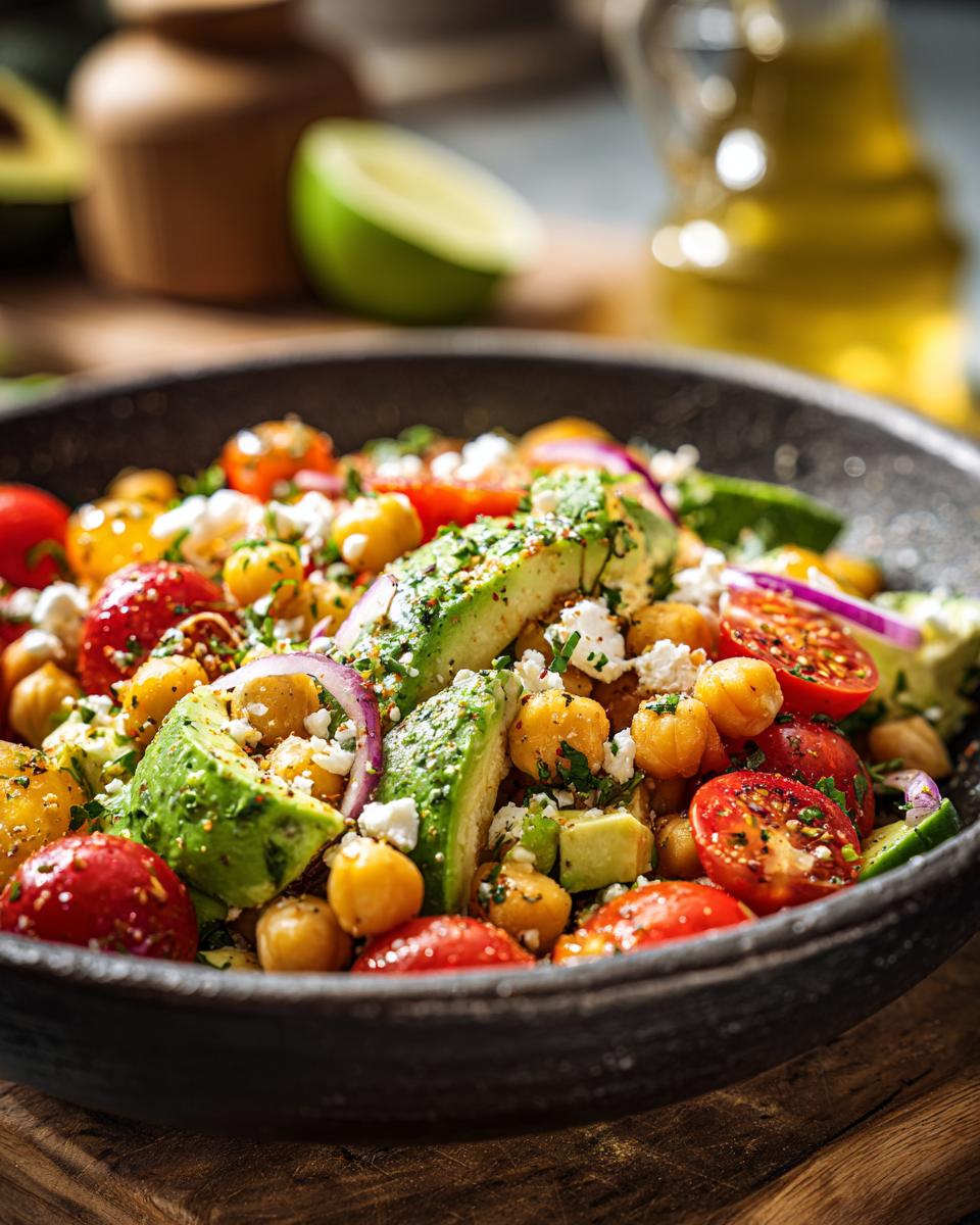 A vibrant Chickpea Feta Avocado Salad in a dark bowl, featuring tomatoes, red onion, and a lime wedge.