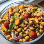 Close-up of a vibrant Chickpea Peach Salad with red onion, tomatoes, and mint in a glass bowl.