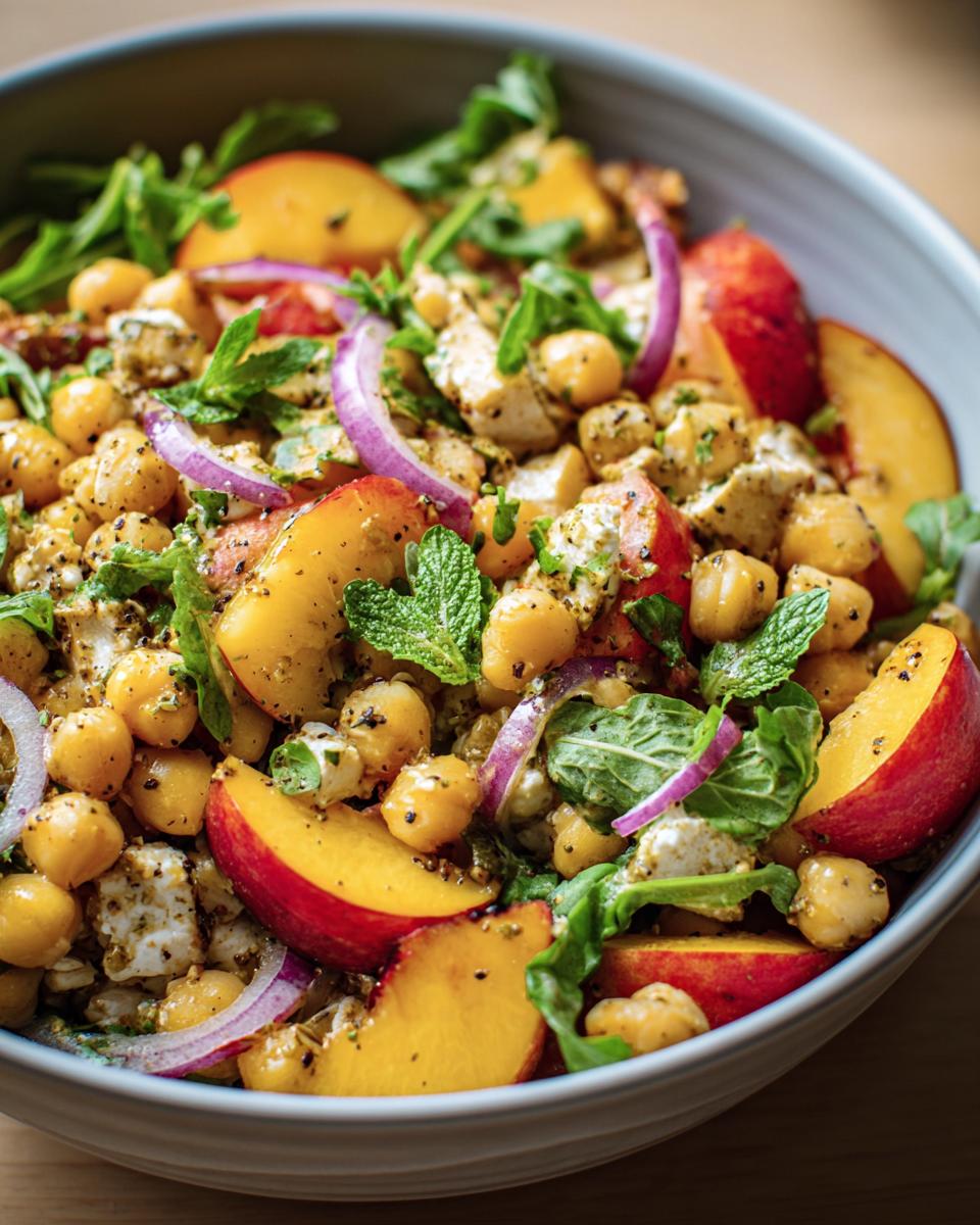 A vibrant bowl of Chickpea Peach Salad with red onion, mint, and a light dressing.