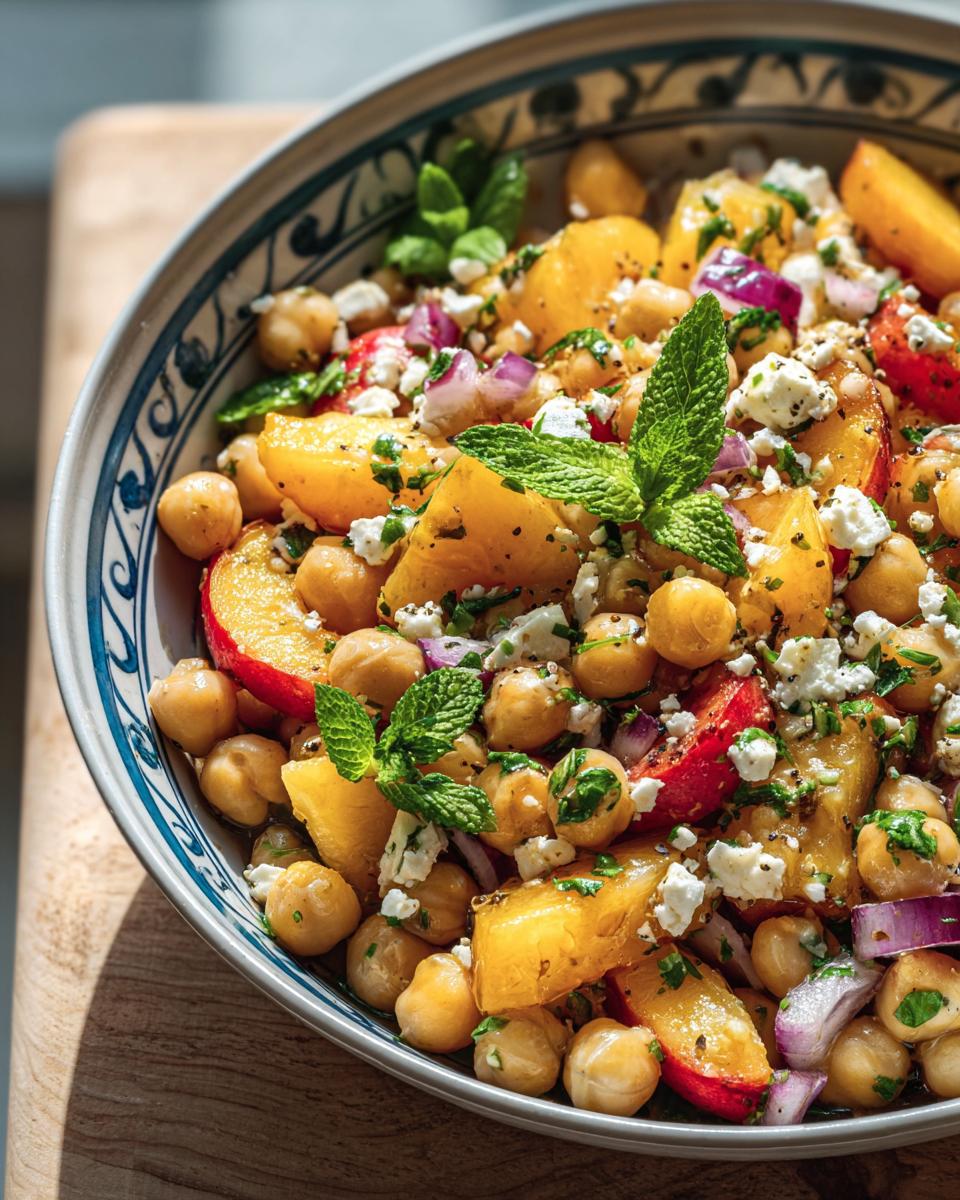 A vibrant Chickpea Peach Salad in a blue patterned bowl, featuring chickpeas, peaches, red onion, feta, and mint.