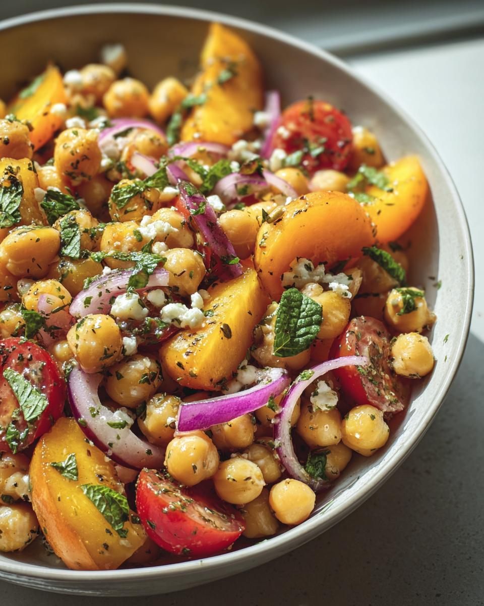 A vibrant bowl of Chickpea Peach Salad with red onion, tomatoes, feta, and fresh mint.