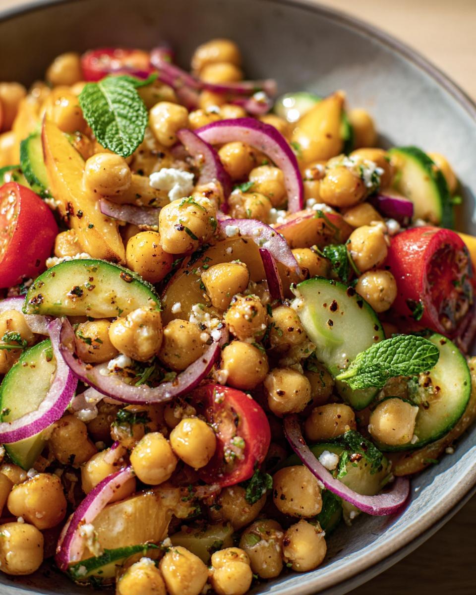 Close-up of a vibrant Chickpea Peach Salad with red onion, cucumber, tomatoes, and fresh mint.