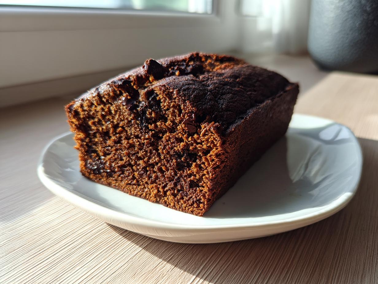 A loaf of Chocolate Espresso Banana Bread sits on a white plate, showcasing its rich, dark color and texture.