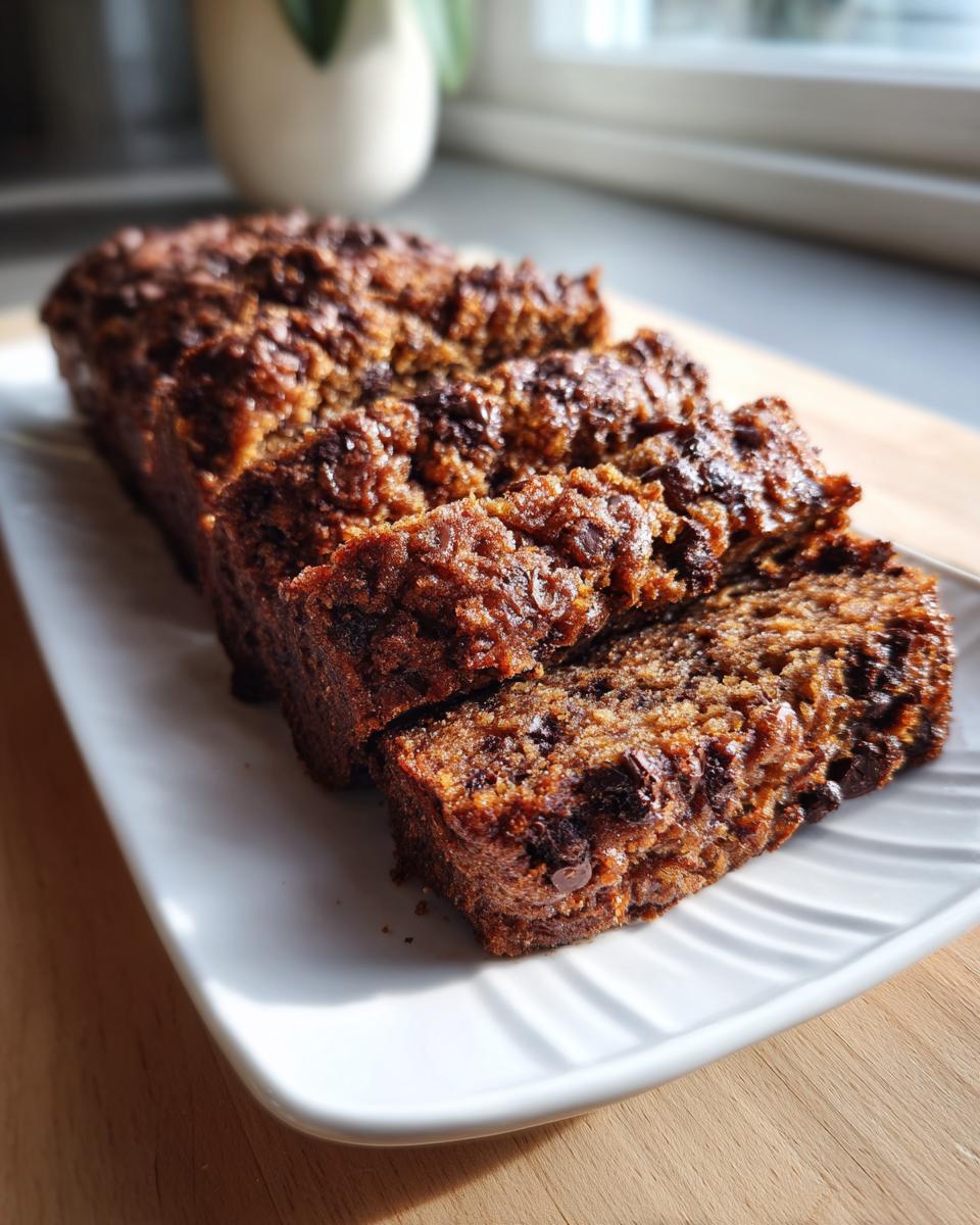 Slices of moist Chocolate Espresso Banana Bread on a white plate, showing chocolate chips.