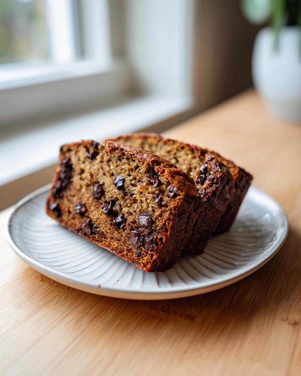 Two slices of moist Chocolate Espresso Banana Bread on a white plate, showcasing chocolate chips.