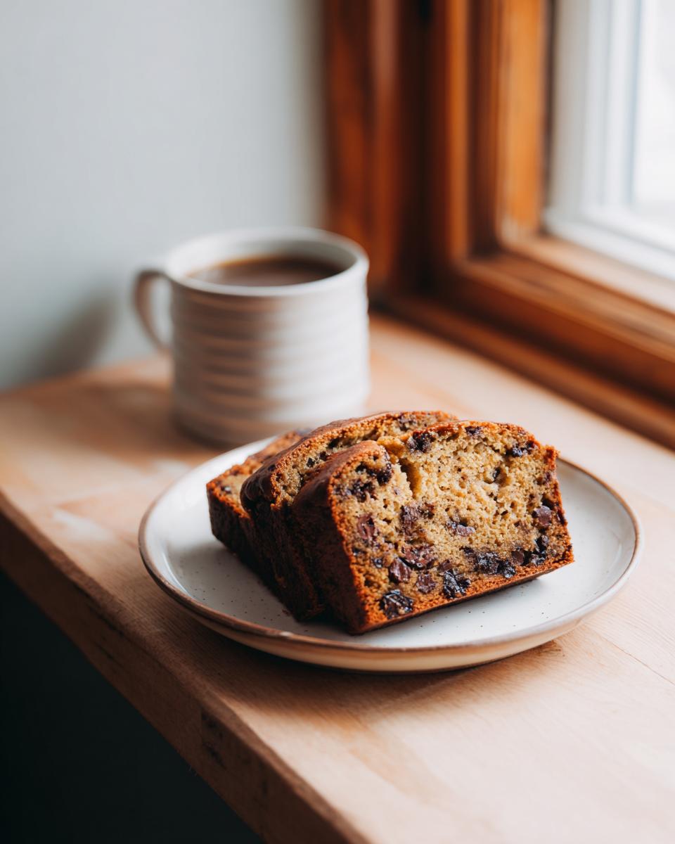 Two slices of chocolate espresso banana bread on a plate with a mug of coffee in the background.