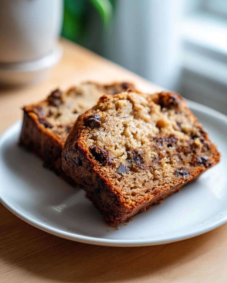 Two slices of moist Chocolate Espresso Banana Bread on a white plate, showcasing chocolate chips and texture.