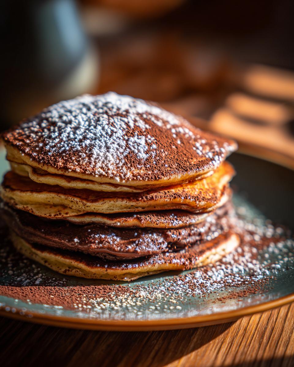 Stack of chocolate pancakes dusted with cocoa and powdered sugar. Not Keto Philly Cheesesteak Rolls.