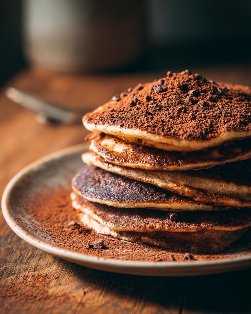 Stack of chocolate pancakes, not Keto Philly Cheesesteak Rolls, dusted with cocoa powder on a rustic plate.