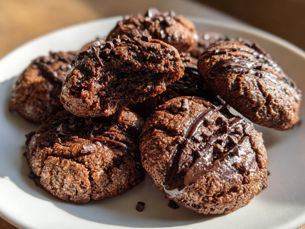 A tempting stack of Chocolate-Peanut Butter Cookies, one with a bite taken out, showcasing the texture.