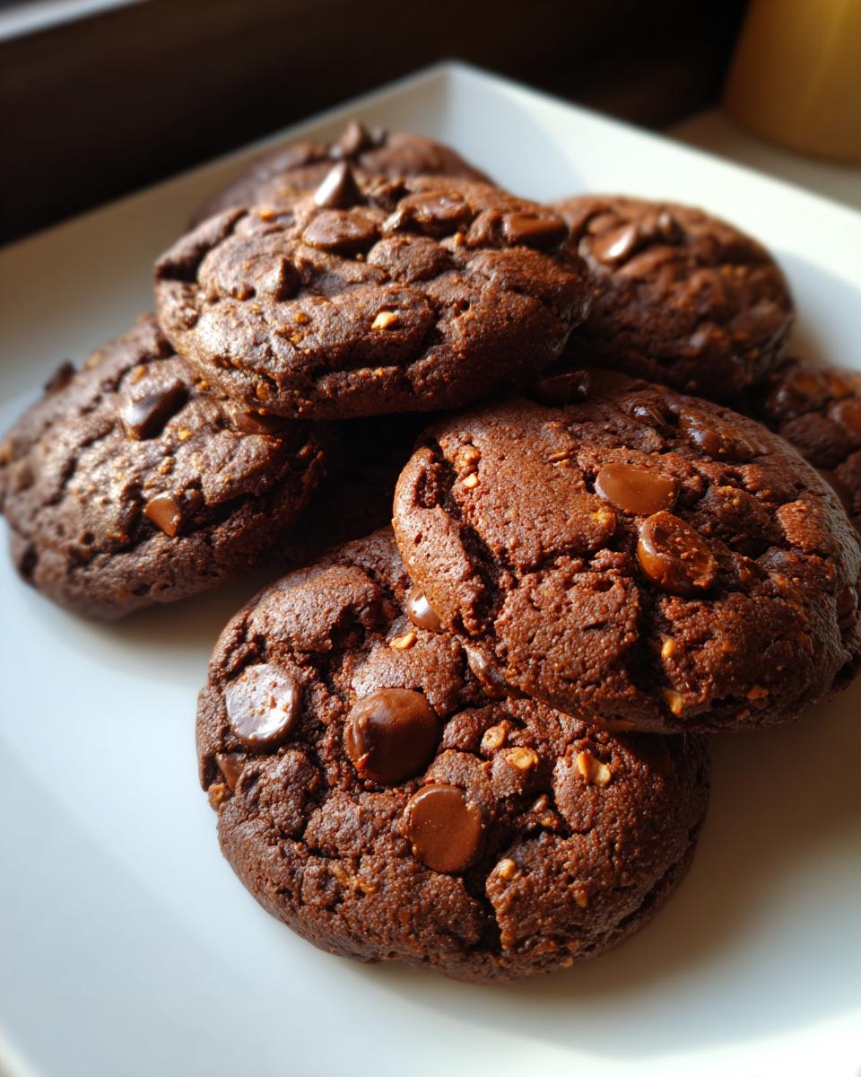 A stack of delicious homemade Chocolate-Peanut Butter Cookies on a white plate.