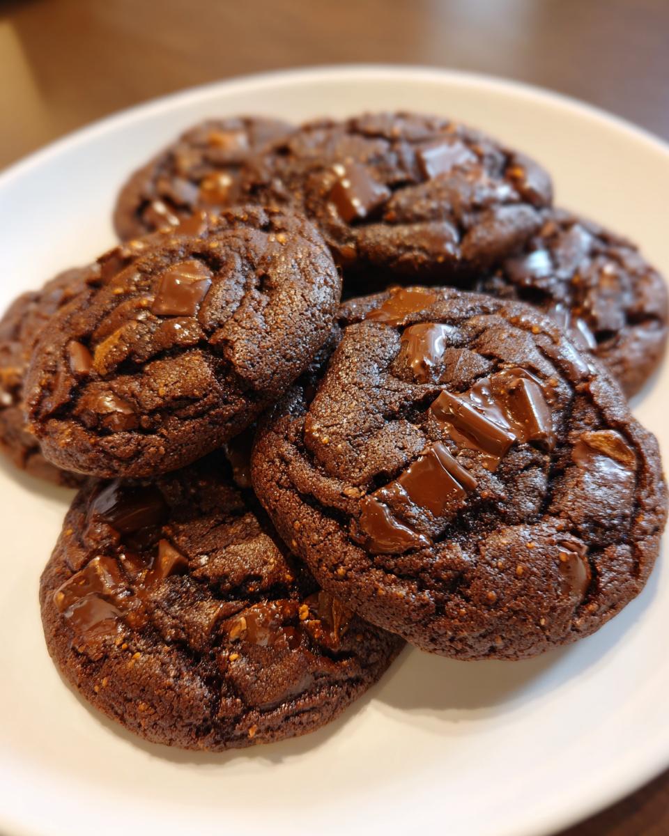 A stack of delicious Chocolate-Peanut Butter Cookies on a white plate, topped with chocolate chunks.