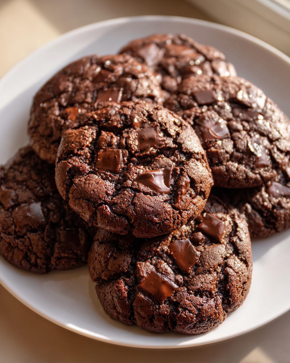 A plate of freshly baked Chocolate-Peanut Butter Cookies with melted chocolate chunks on top.