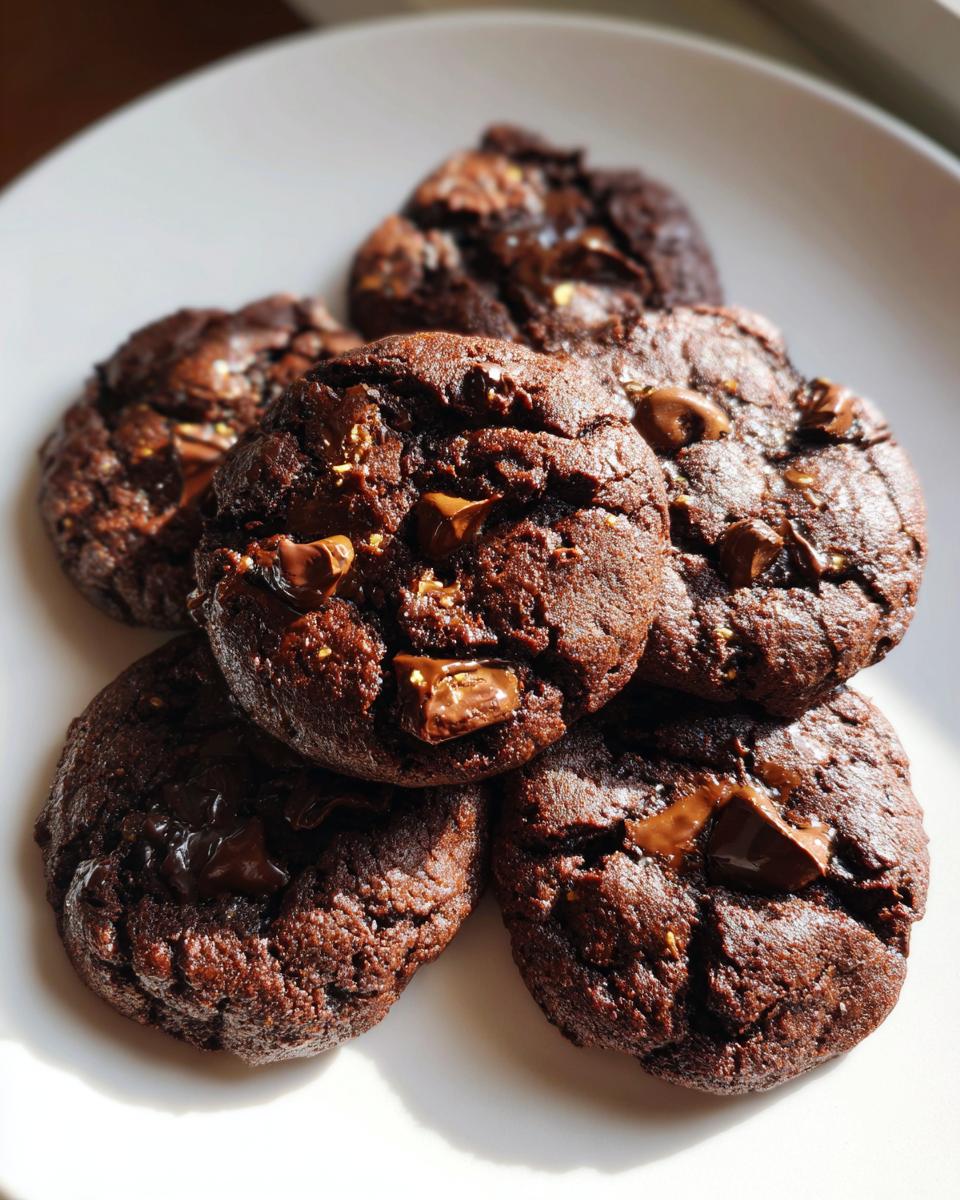 A stack of delicious homemade Chocolate-Peanut Butter Cookies on a white plate, ready to eat.